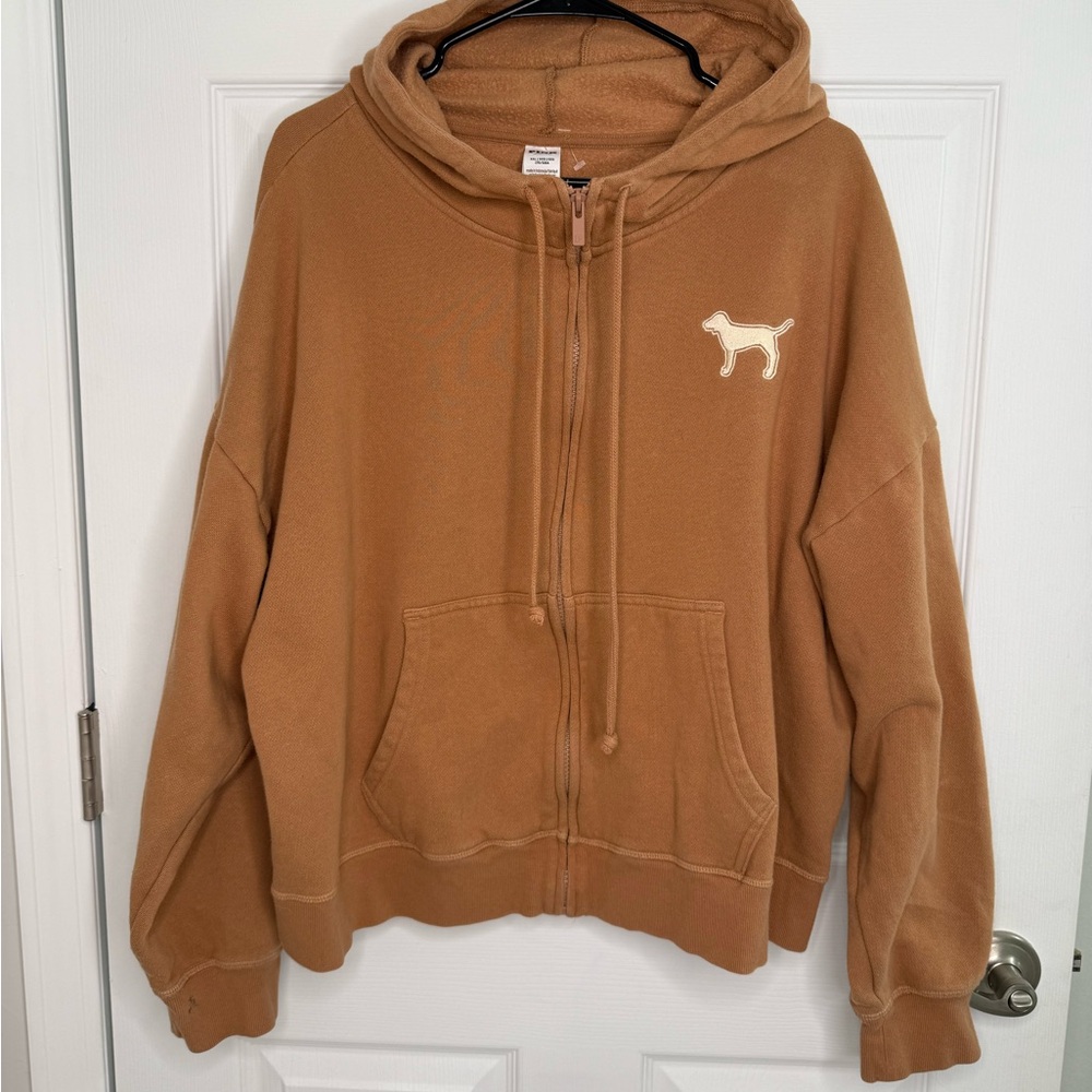 Victorias Secret Pink Hoodie Brown Full Zip Dog Embroidered Logo Size XXL